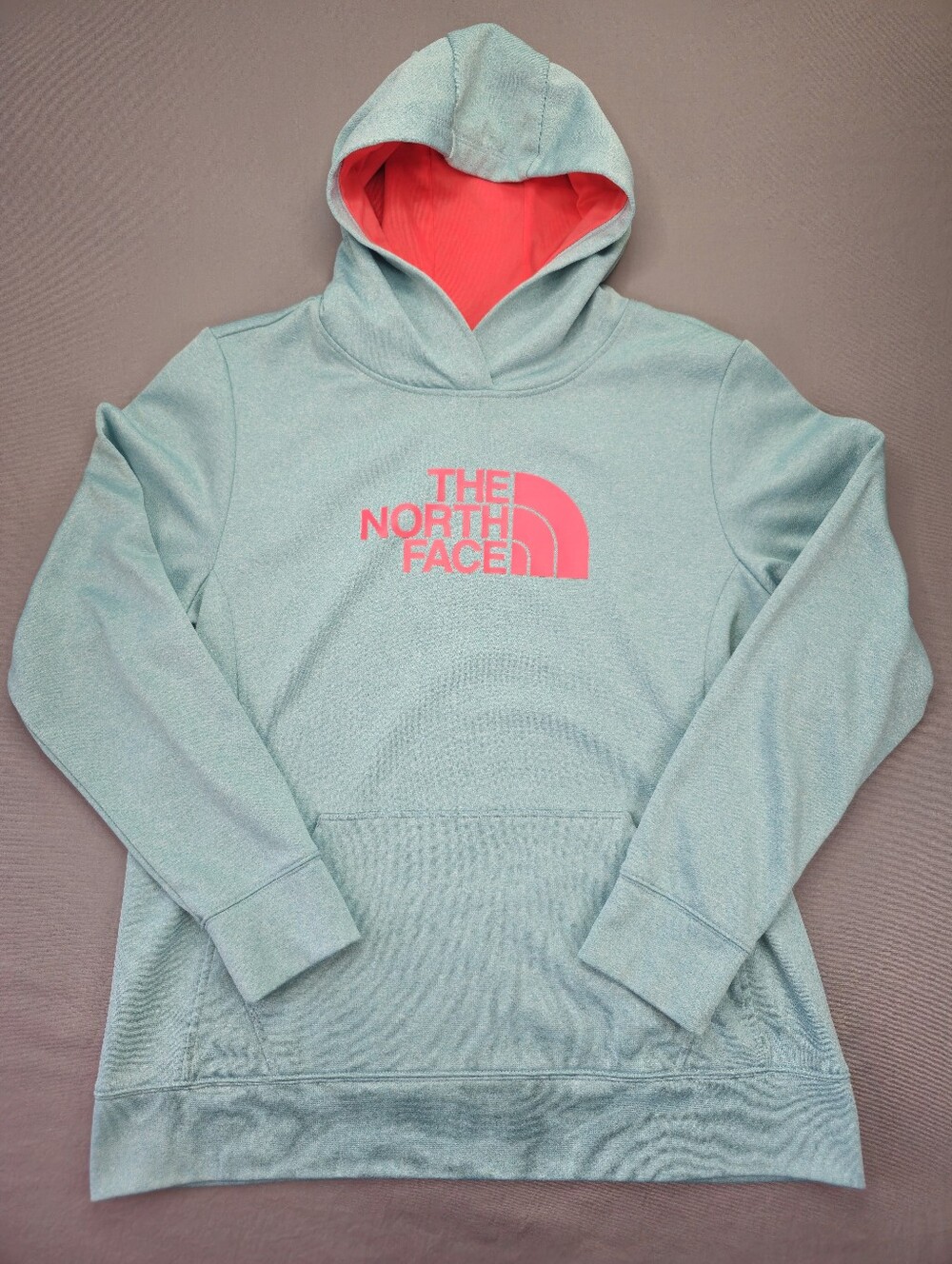 The North Face Mint Green Hoodie with Pink Logo & Lined Hood